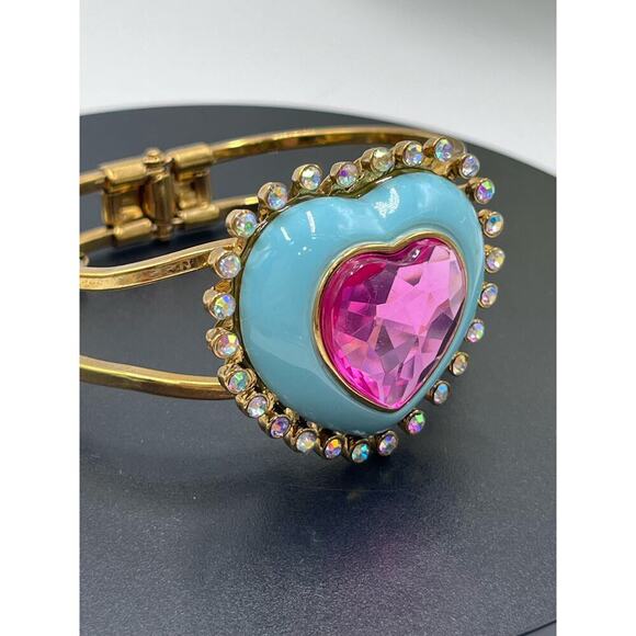 Betsey Johnson Signed Candy Land Pink Heart Rhinestone Blue Enamel Bangle - Picture 6 of 16